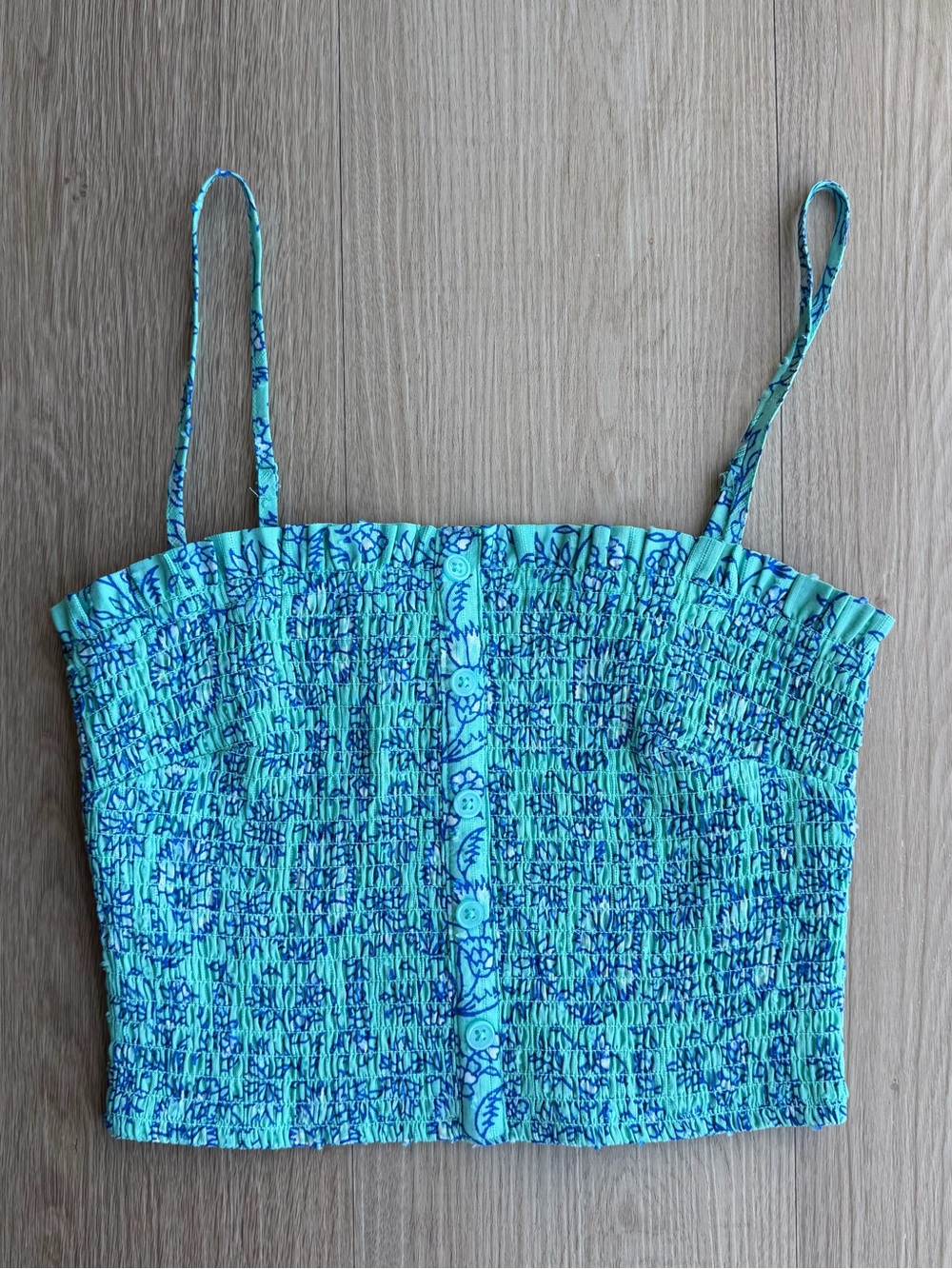 Roller Rabbit Turquoise and Navy Floral Smocked Crop Top XS